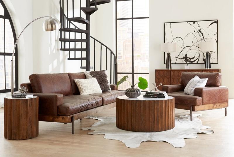 Sofa Industrial Tufted Back Exposed Brick Backdrop Nesting Tables