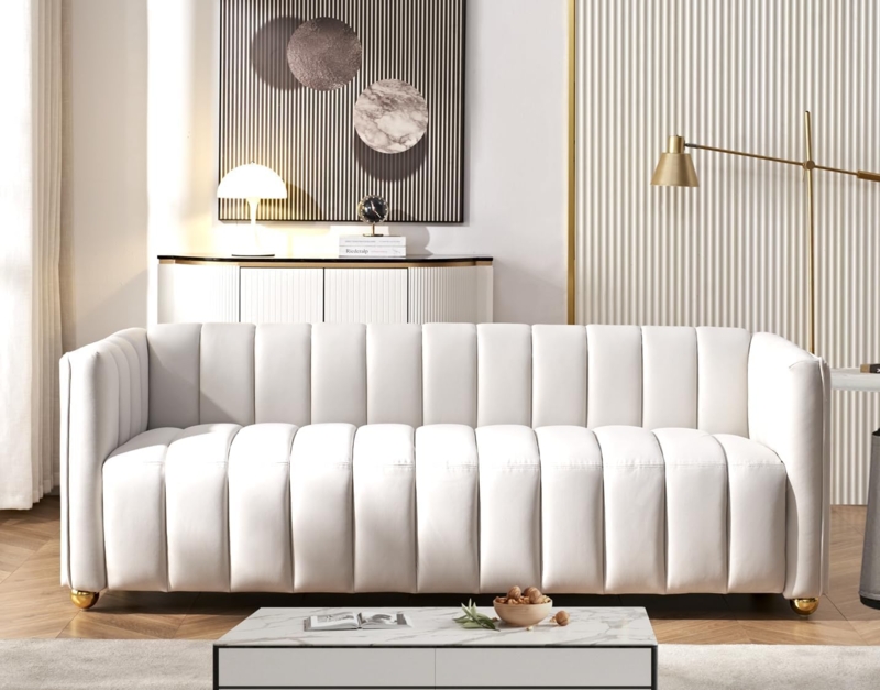 Sofa Ivory Art Deco Curved Wood Frame Channel Tufted Elegant