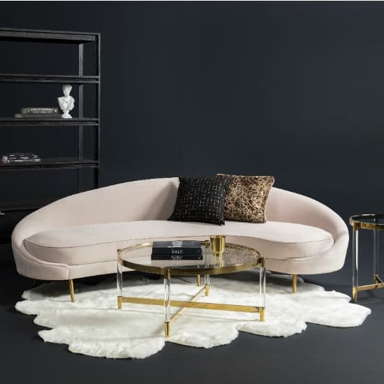 Sofa Ivory Curved Channel Tufted Navy Accents Glam Living Room