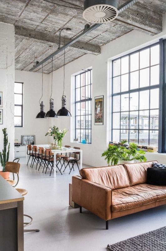 Sofa Large Scale Cognac Leather Look Tufted Seat Industrial Loft Setting