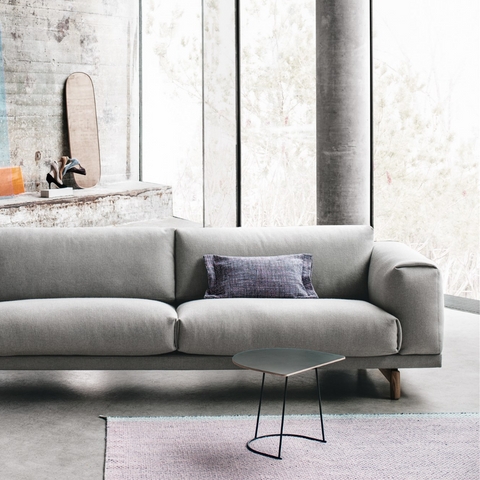 Sofa Light Gray Fabric Styled with Round Wood Coffee Table