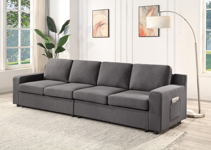Sofa Light Gray Linen 4 Seater with Armrest Storage Pockets