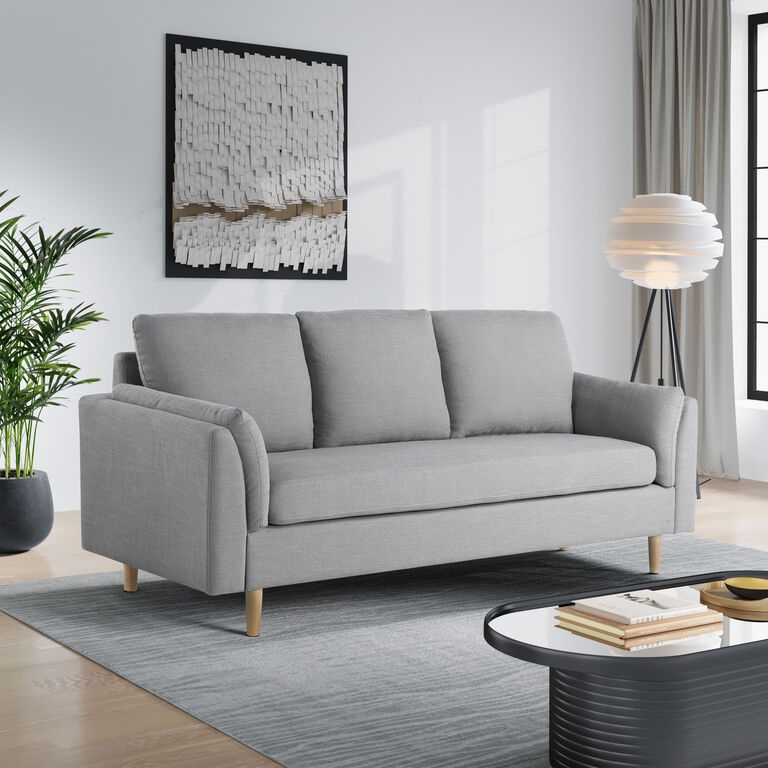 Sofa Light Gray Linen Like Pillow Arms Tapered Legs Modern Transitional