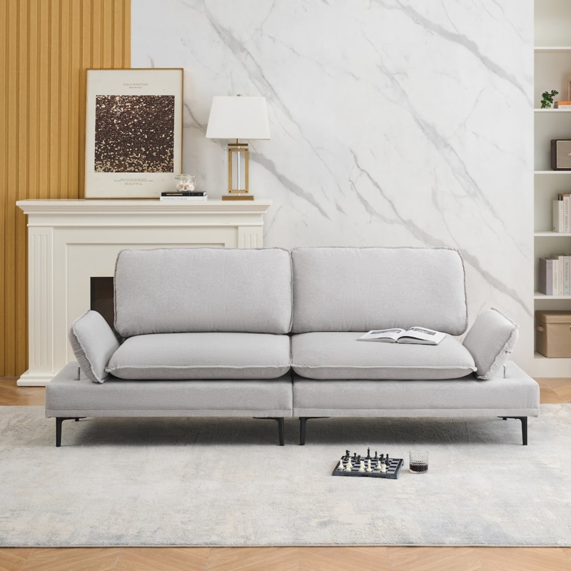 Sofa, Light Grey with Flared Arms and Tapered Wood Legs, Mid-Century