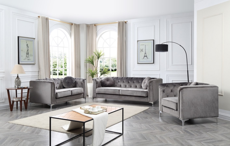 Sofa & Loveseat Set Glam Tuxedo Silhouette Chrome Bracket Legs