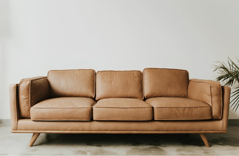 Sofa Low Profile Beige Linen-Like Fabric with Tapered Wood Legs