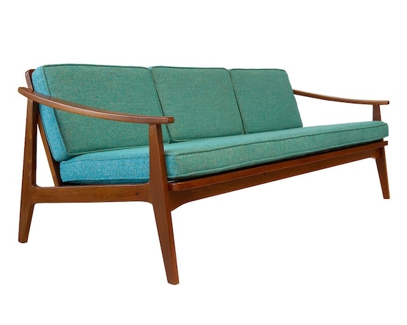 Sofa Low Profile Grey Upholstery Exposed Wood Frame Tapered Legs