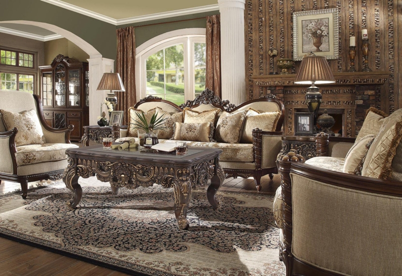 Sofa Luxury Gold Carved Wood Sofa Button Tufting Ornate Frame