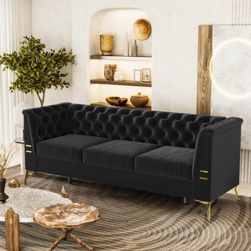 Sofa, Mid-Century Modern Black Velvet with Vertical Tufting and Gold Legs