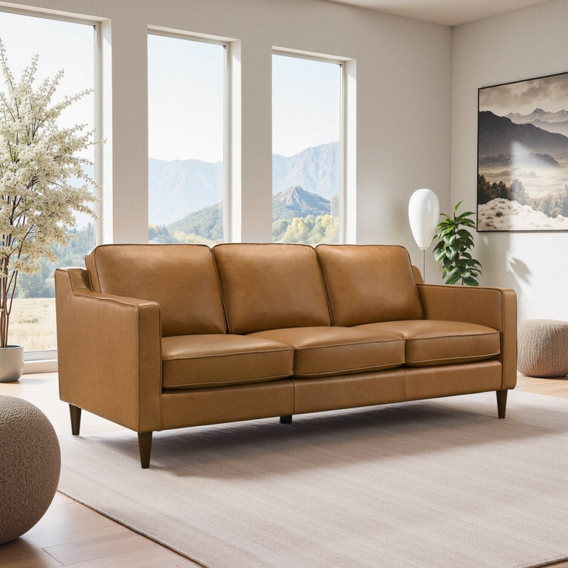 Sofa Mid-Century Modern Cognac Leather with Bolster Pillows