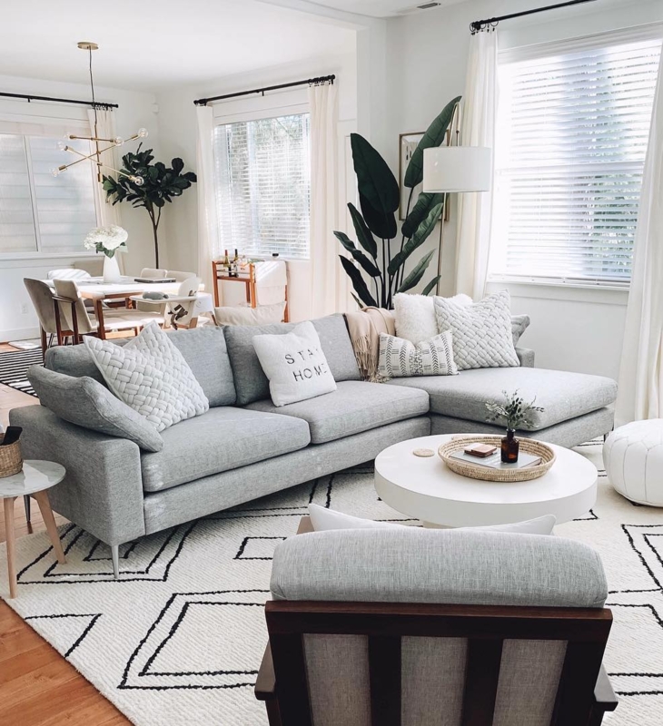 Sofa Minimalist Light Gray Fabric with Track Arms and Wood Legs