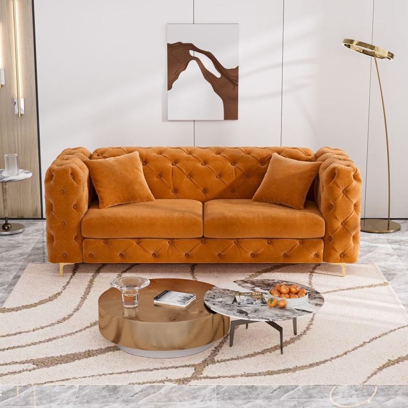 Sofa, Modern Teal Velvet Tufted, Deep Seat, Wide Armrests.