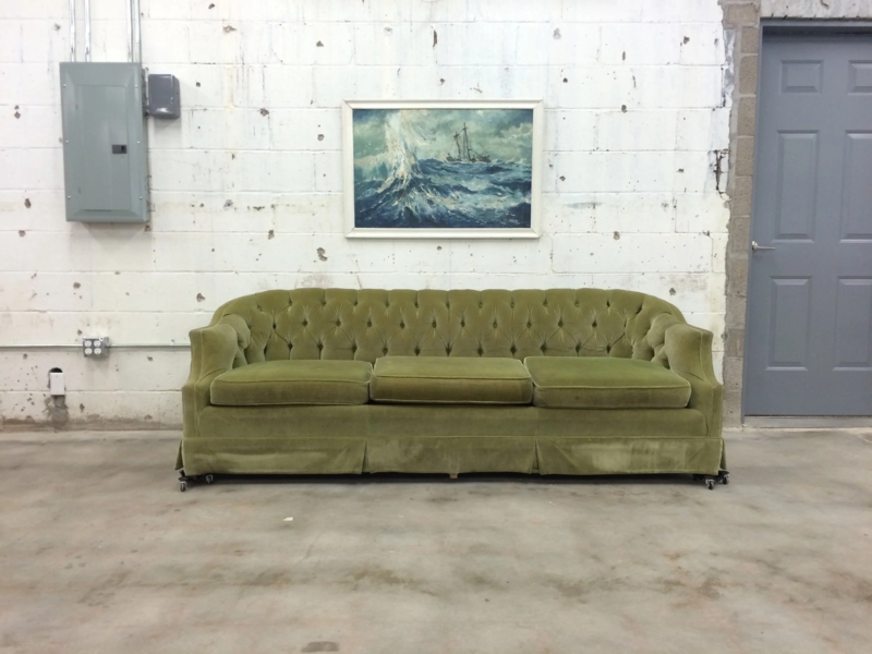Sofa Mustard Yellow Diamond Button Tufting Skirted Base Vintage Traditional