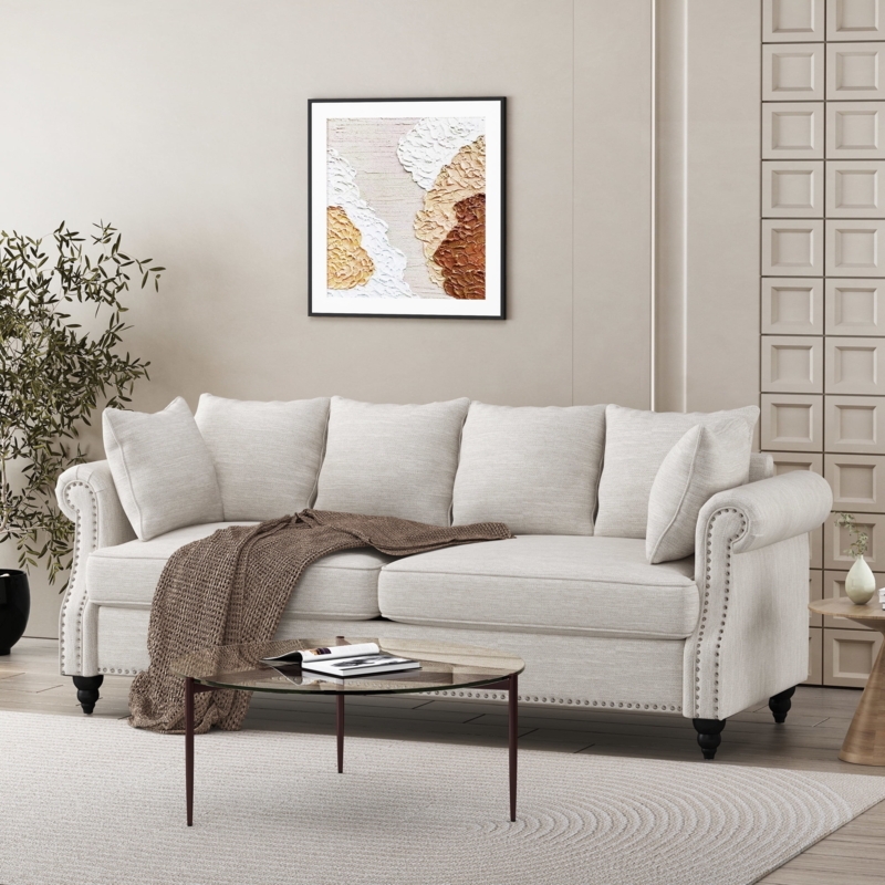 Sofa Nailhead Trim Pillowback Design Beige Tapered Legs