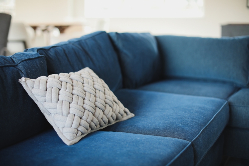 Sofa Navy Blue Track Arms Transitional Block Feet Design