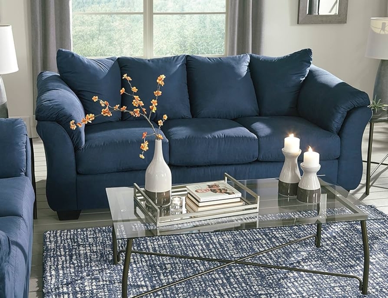 Sofa Navy Blue Upholstery Pillow Back Track Arms Contemporary Design
