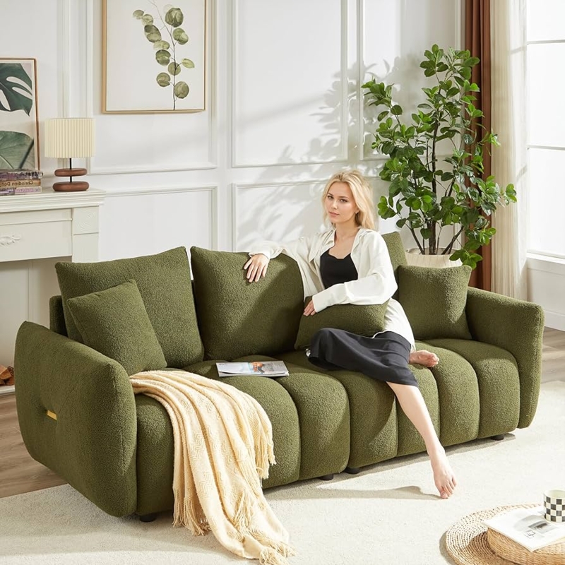 Sofa Olive Green Boucle Cloud Silhouette Cozy Deep Seat