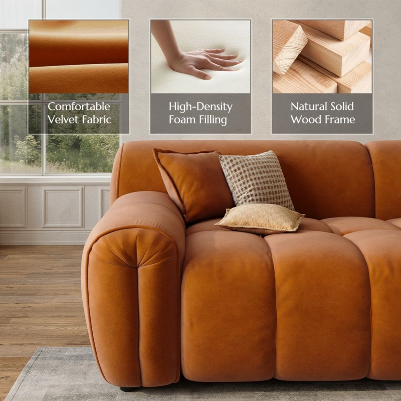 Sofa Orange Velvet Vertical Channel Tufting Low Profile