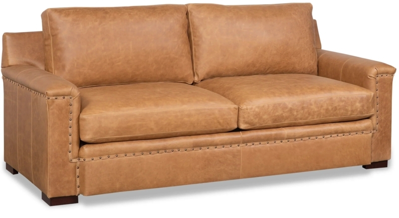 Sofa Rustic Western Tan Leather-Like Rolled Arms Nailhead Trim