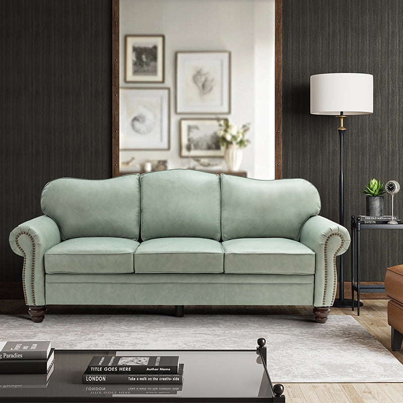 Sofa Sage Green Leather-Like with Vertical Channeling and Gold Legs