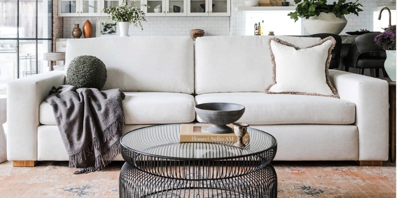 Sofa Sand Basketweave Fabric Low Profile Curved Arms Modern