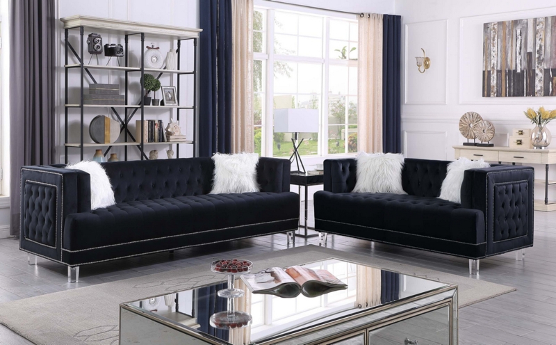 Sofa Set Black Velvet Button Tufting Nailhead Trim Glam