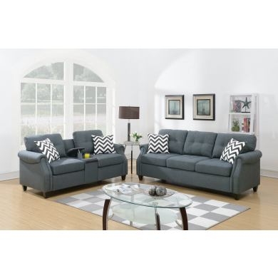 Sofa Set Blue Grey Grid Tufting Track Arms Contemporary Style