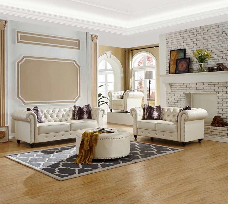 Sofa Set Button Tufted Rolled Arms White Leatherette Living Room Furniture