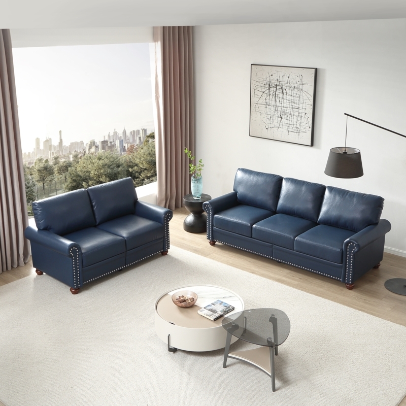 Sofa Set: Classic Rolled Arms, Bronze Nailhead Trim, Leather-Like