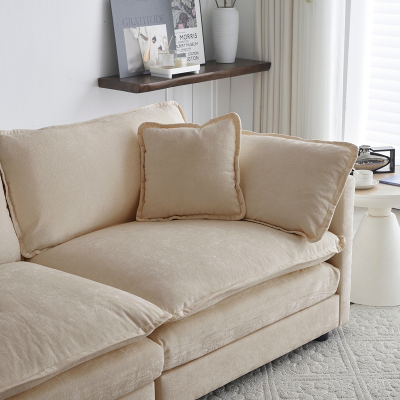 Sofa Set Cream Chenille Channeled Tufting Low Profile Modern