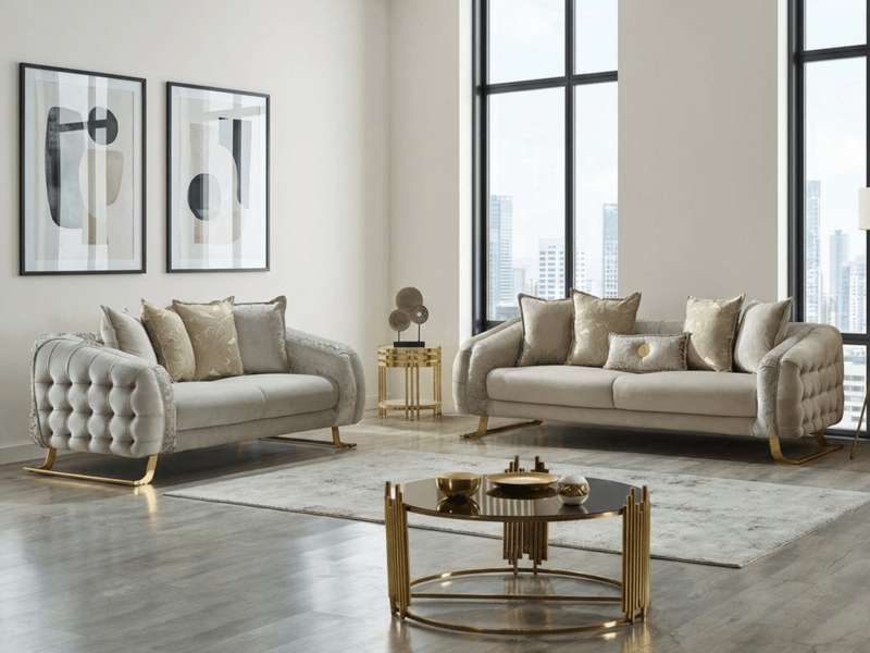 Sofa Set Cream Upholstery Vertical Channel Tufting Splayed Legs
