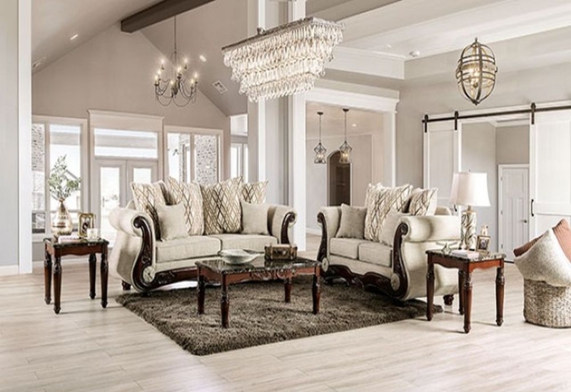 Sofa Set Dark Brown Walnut Mixed Media Upholstery Carved Wood
