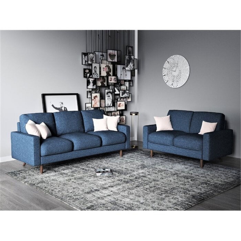 Sofa Set Gray-Blue Fabric Rolled Arms Transitional Living Room