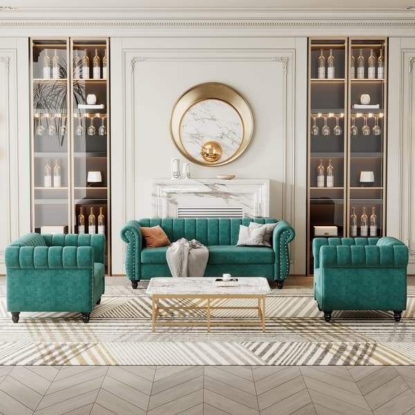 Sofa Set Green Velvet Chesterfield All-Over Tufted Gold Tapered Legs