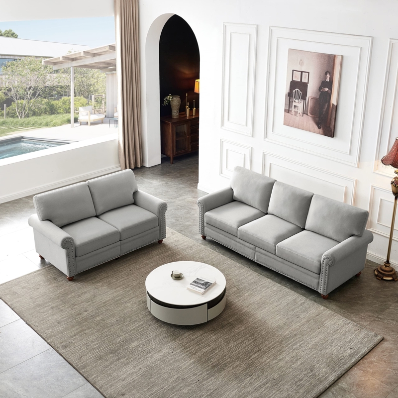 Sofa Set Grey Scroll Arms Nailhead Trim Traditional Style