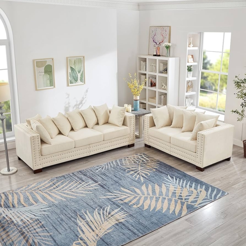 Sofa Set in Navy Velvet Upholstery, Silver Nailhead Accents, Tufted