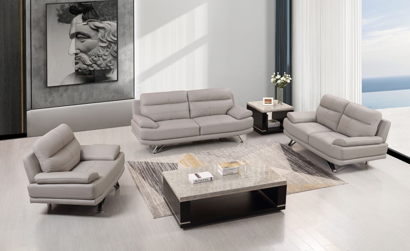 Sofa Set Leather-Like Adjustable Headrests Tufted Seat Grey