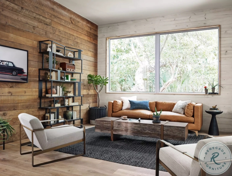 Sofa Set Leather Track Arms Slat Wood Backdrop Theme