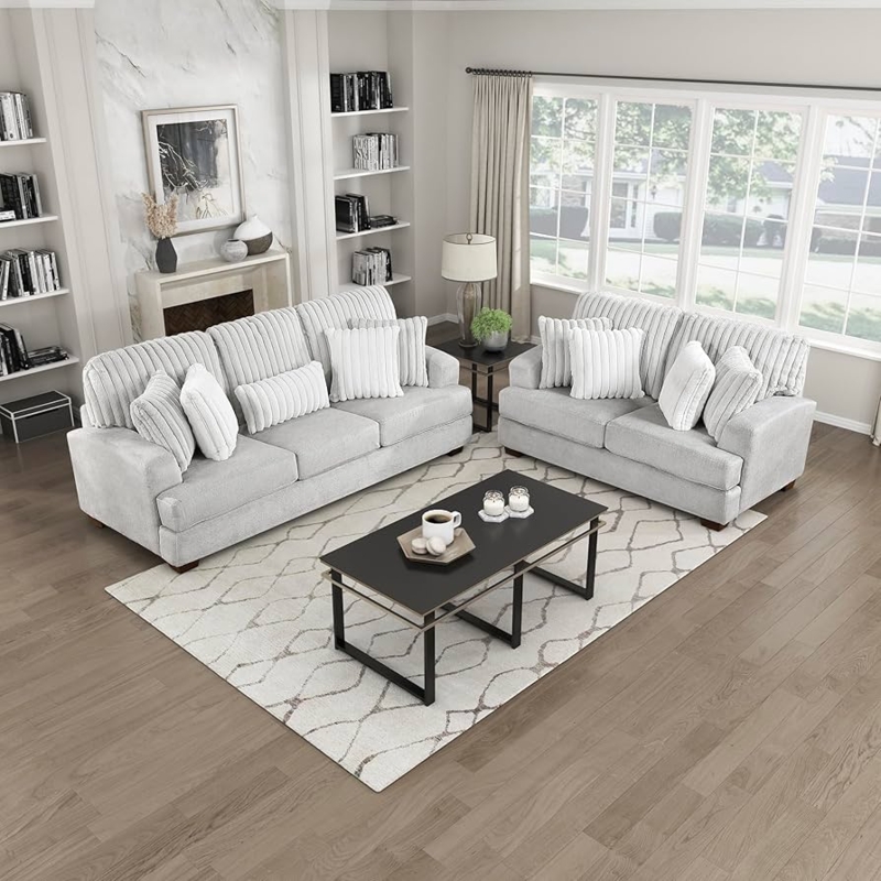 Sofa Set Low-Profile Silhouette Ribbed Texture Rounded Arms