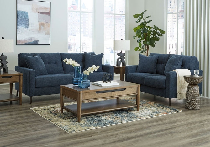 Sofa Set: Mid-Century Modern Navy Blue with Bolster Pillows