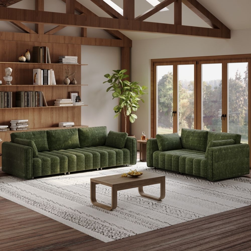 Sofa Set Olive Green Hand Tufted Chenille Blocky Retro Low Profile