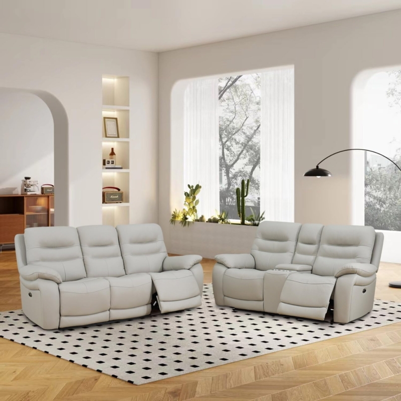 Sofa Set Power Reclining Light Grey Leather Split Back Modern Living Room