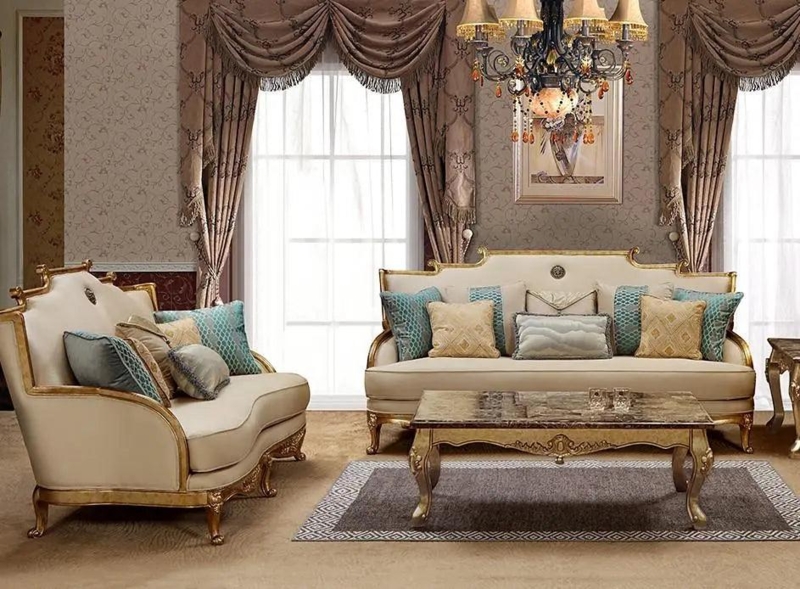 Sofa Set: Rococo Carvings & Champagne Upholstery, Ornate Gold Leaf