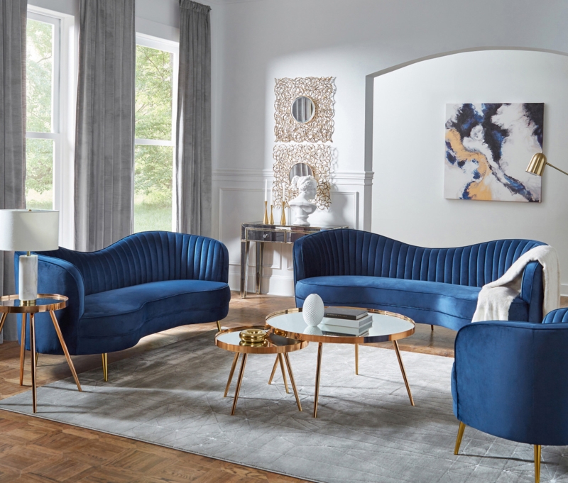 Sofa Set Royal Blue Velvet Tuxedo Arms with Gold Sled Base