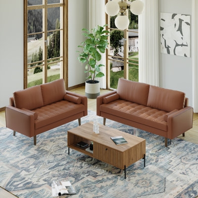 Sofa Set Square Arms Mid-Century Modern Style with Block Feet