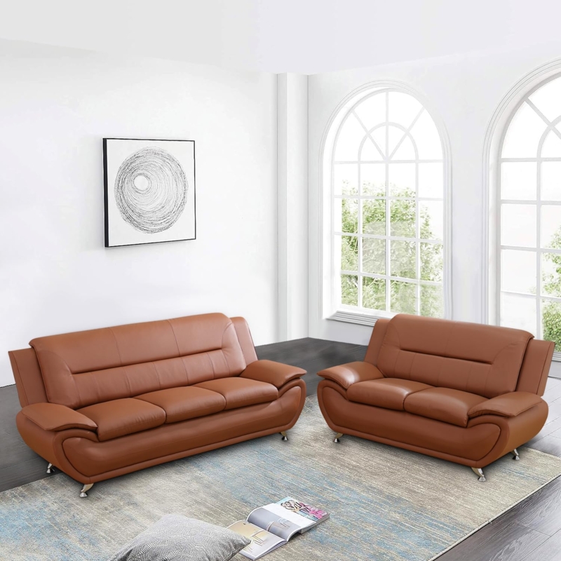 Sofa Set Vibrant Orange Hue Button Tufted Cushions Faux Leather