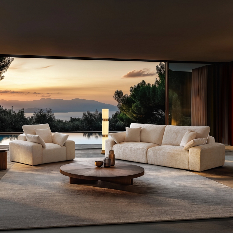 Sofa Set with Tufted Block Seating, Low Profile, Chunky Silhouette