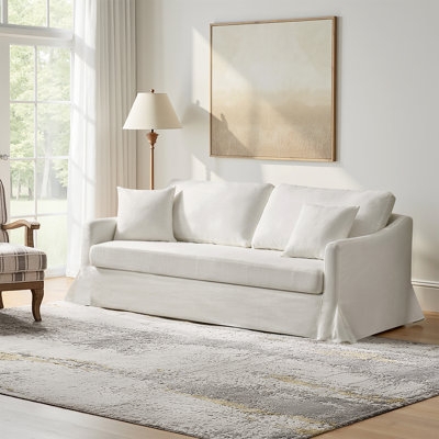 Sofa Slipcovered Base Beige Fabric Rolled Arms Farmhouse
