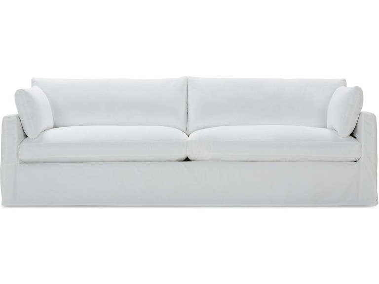 Sofa Slipcovered In Off-White Fabric With A Bench Seat Cushion.