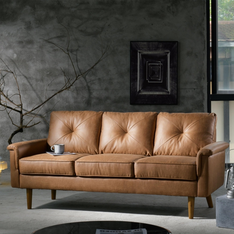 Sofa Small Space Cognac Brown Leather Like Three Seater Splayed